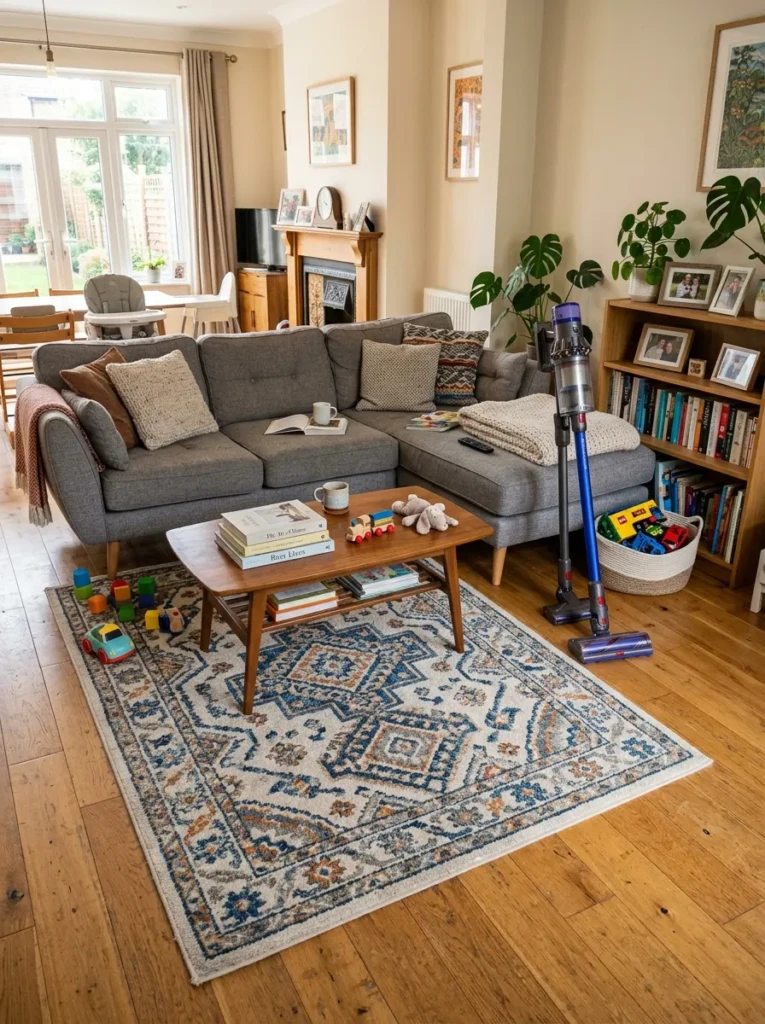 Low-pile patterned rug in a busy family living room designed for easy maintenance.