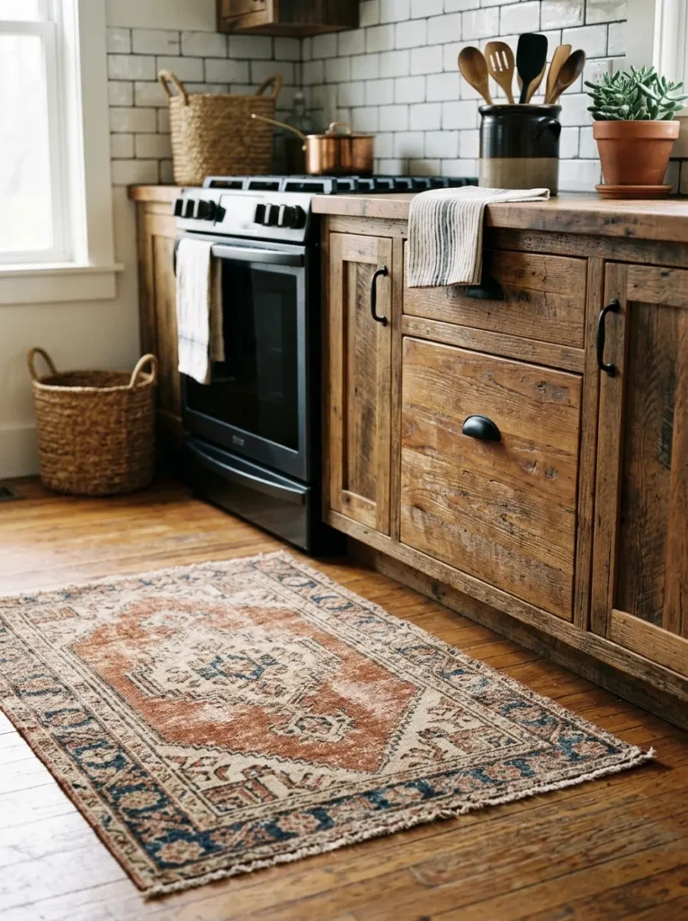 A close-up of a low-pile vintage-style rug paired with rustic cabinetry and warm wood details in a cozy kitchen.