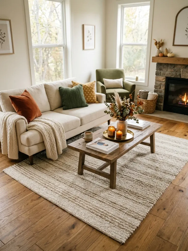 Neutral rug styled with seasonal throws, cushions, and decorative accents.