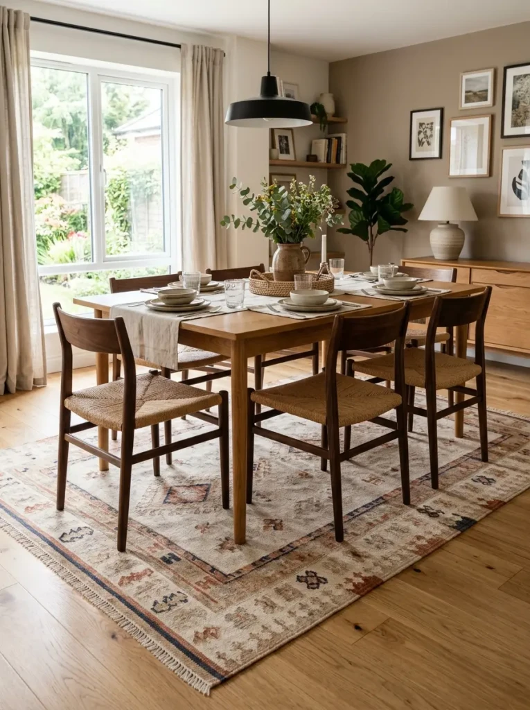 A dining setup with a subtle patterned flatweave rug extending beyond chairs for balance.