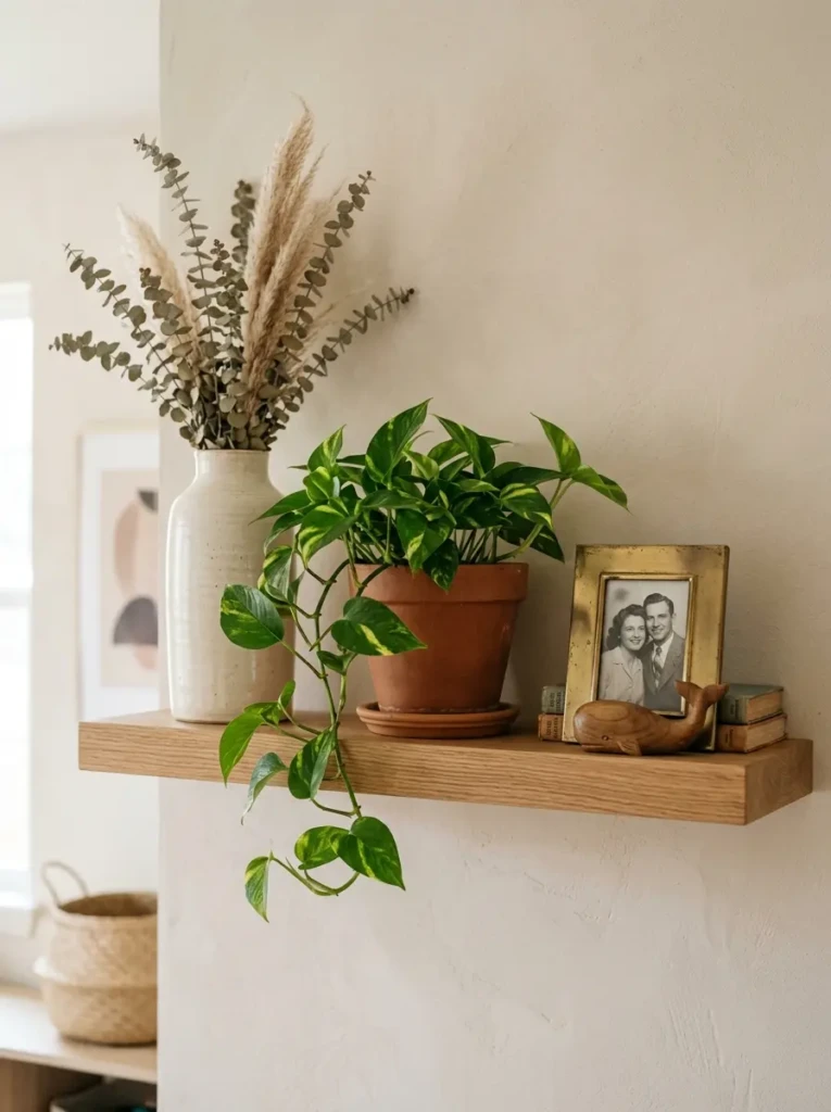 Balanced shelf decor featuring one tall vase, one plant, and one sentimental object.