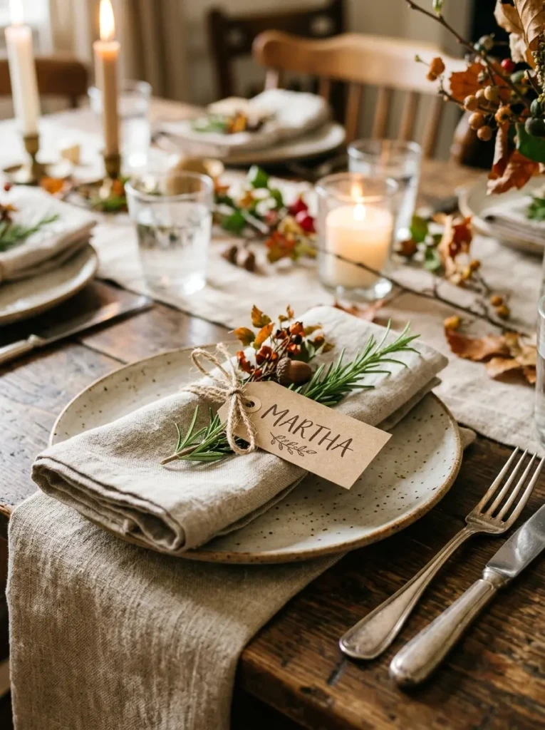 A personalized autumn table setting with handwritten name cards, twine napkin ties, and small herb accents on linen.