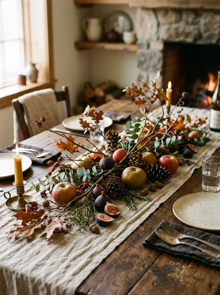 A low centerpiece made with pinecones, branches, figs, and apples arranged naturally across a linen runner on a rustic table.