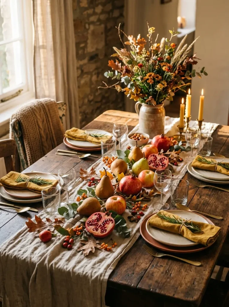 A rustic autumn table decorated with pears, apples, and pomegranates arranged naturally for a fresh and organic look.