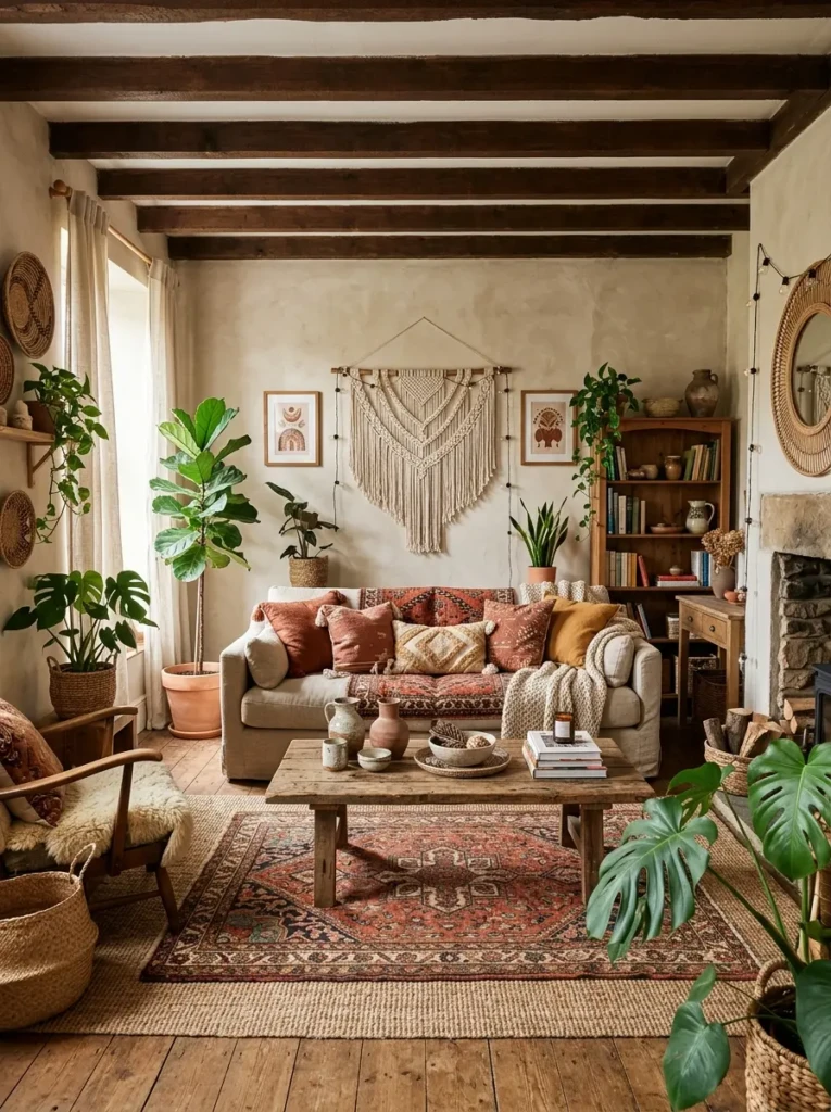 Rustic boho living room with macrame, vintage rug, wood furniture, plants, and warm earthy colors.
