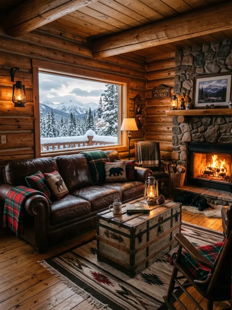Cozy cabin living room with log walls, leather sofa, plaid throws, and mountain lodge styling.