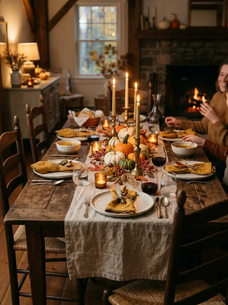 Wooden dining table styled with a linen runner, candles, pumpkins, and dried leaves for a cozy fall look
