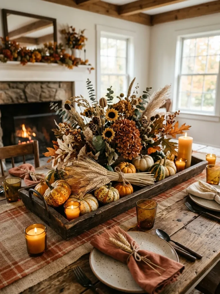 A cozy fall table with mini gourds, wheat bundles, and wooden textures styled as a rustic Halloween centerpiece
