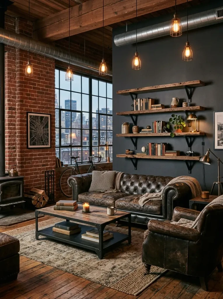 Rustic industrial living room with exposed brick, steel table, leather couch, and moody urban lodge feel.