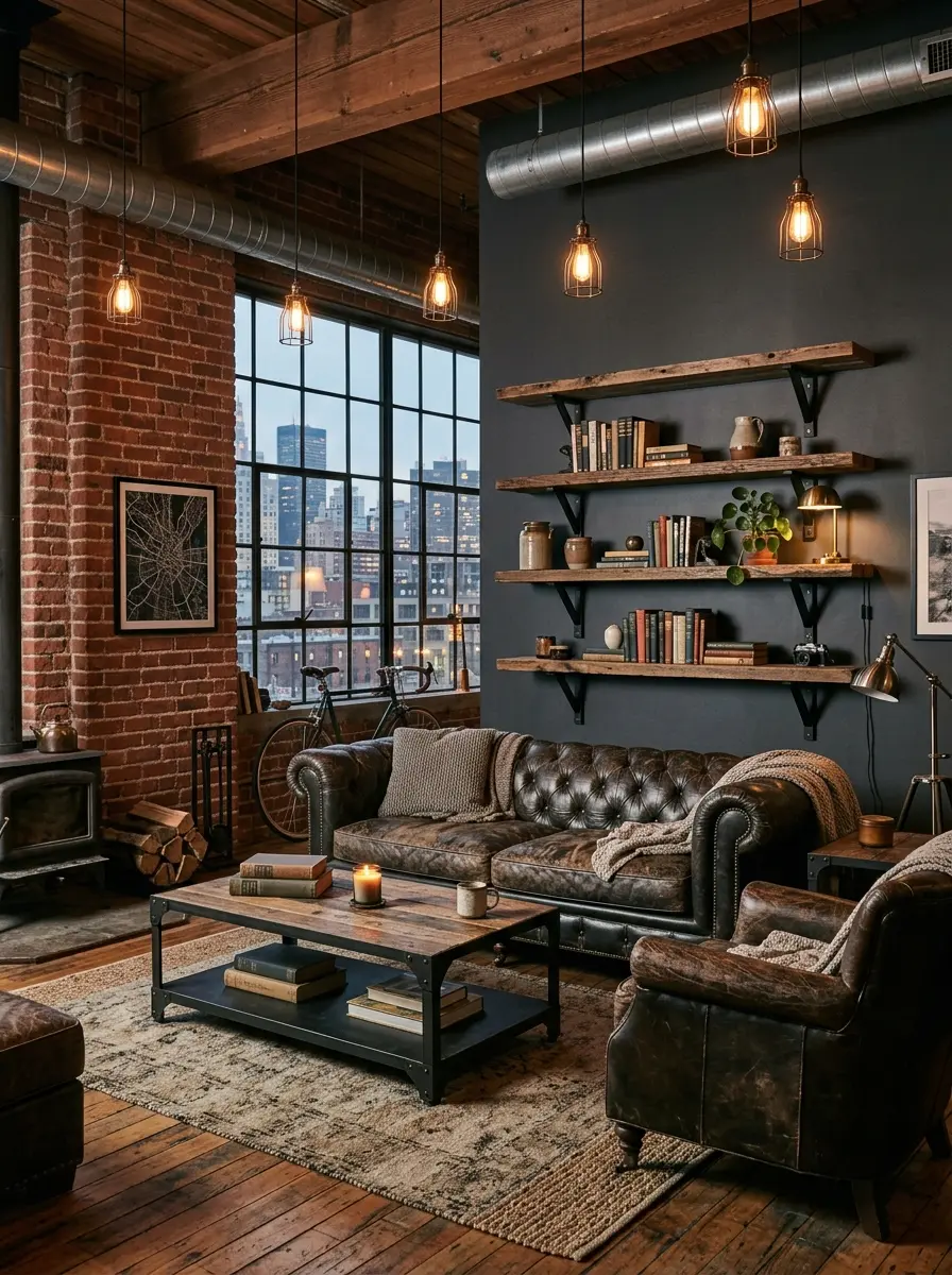 Rustic industrial living room with exposed brick, steel table, leather couch, and moody urban lodge feel.