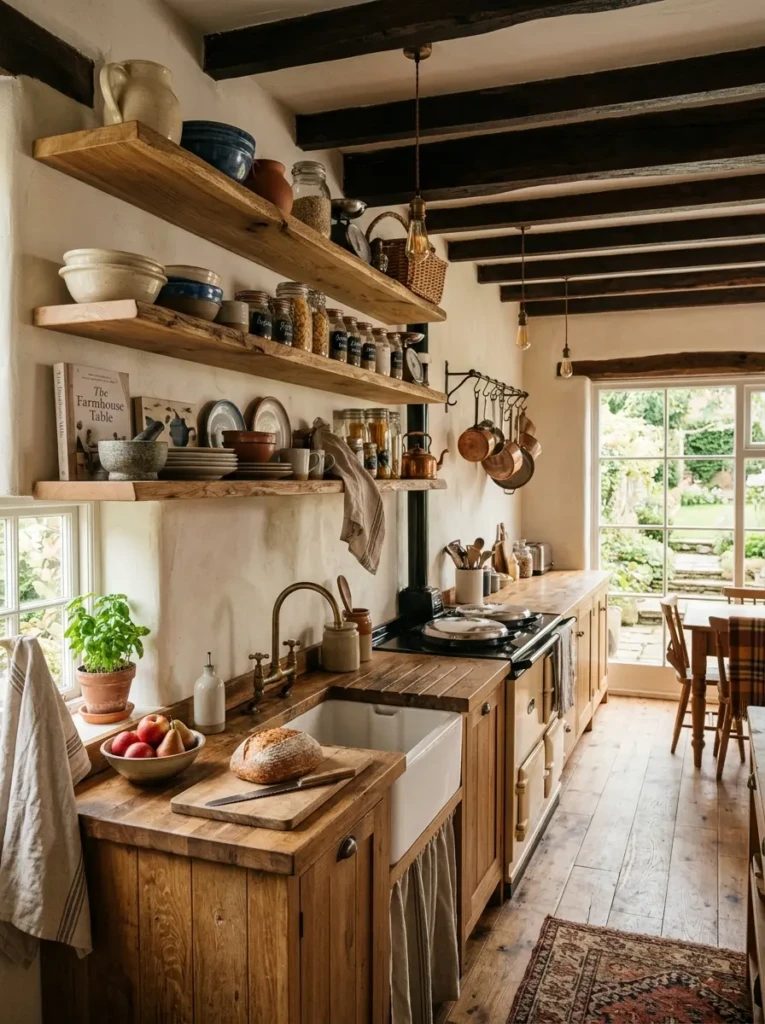 Warm-toned kitchen with natural wood shelves adding rustic charm and a welcoming atmosphere.