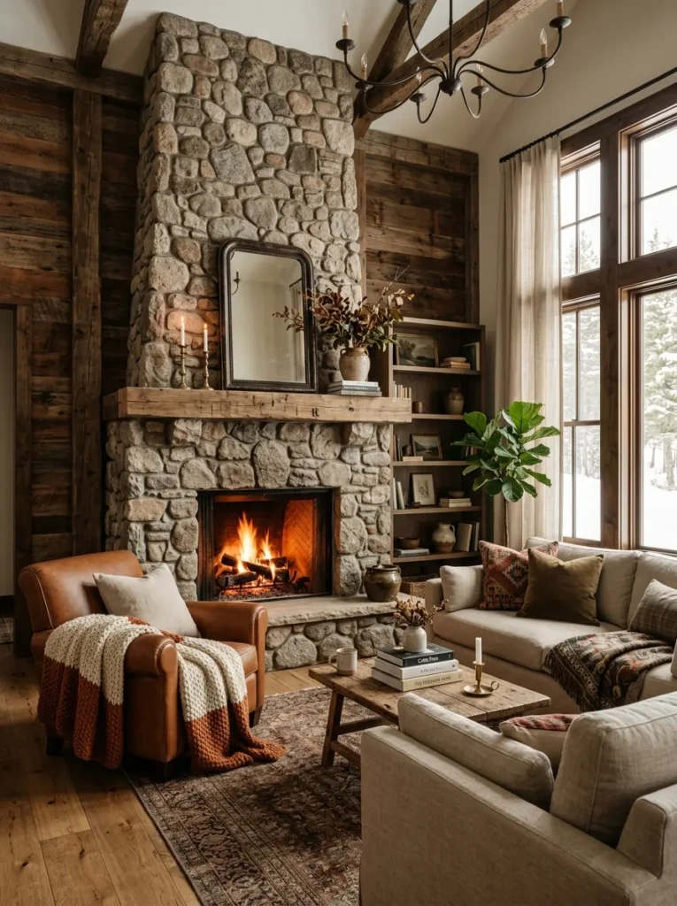 Elegant rustic living room with fireplace, natural wood, cozy textiles, and warm neutral tones.