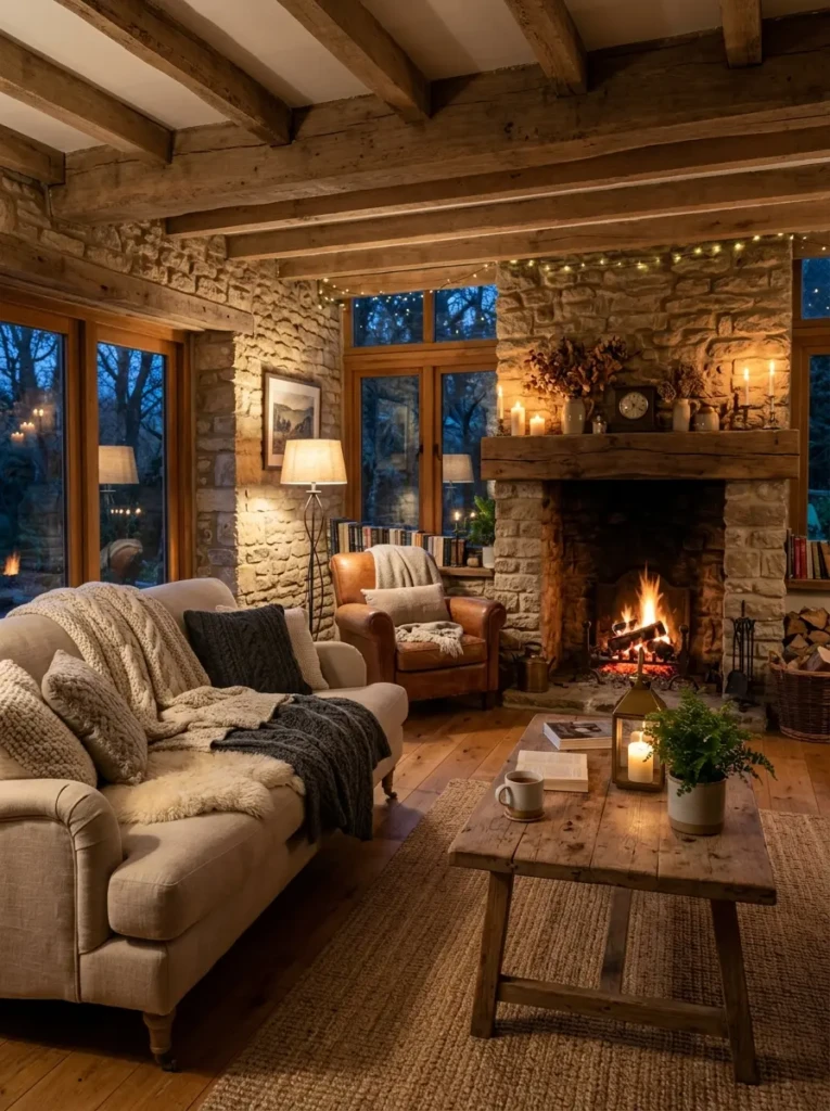 Warm rustic living room with wood furniture, layered textiles, stone accents, and cozy ambient lighting.