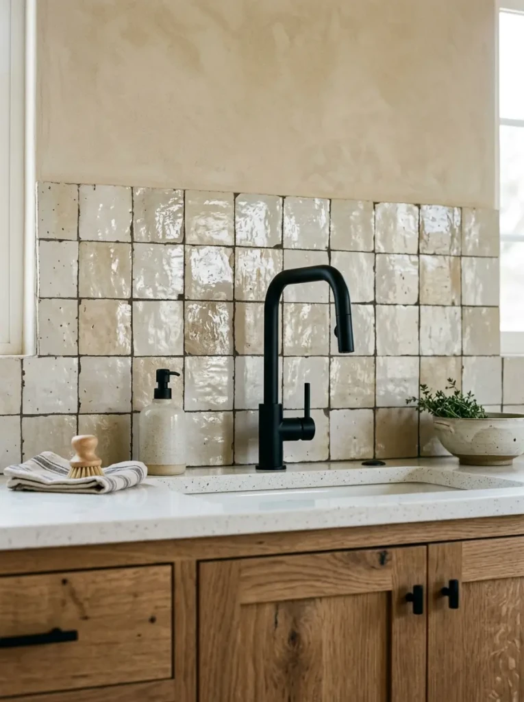 Handmade textured tile backsplash in a rustic modern farmhouse kitchen.