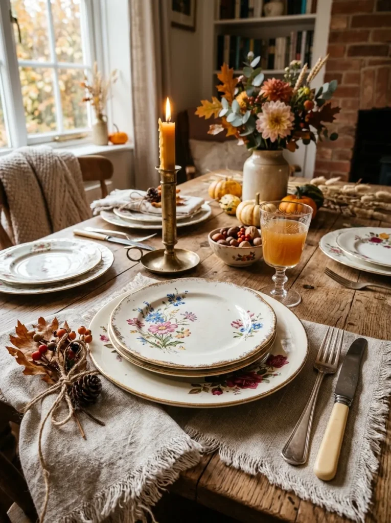 A charming autumn table with mismatched vintage plates, soft linen napkins, and warm lighting creating a timeless aesthetic.