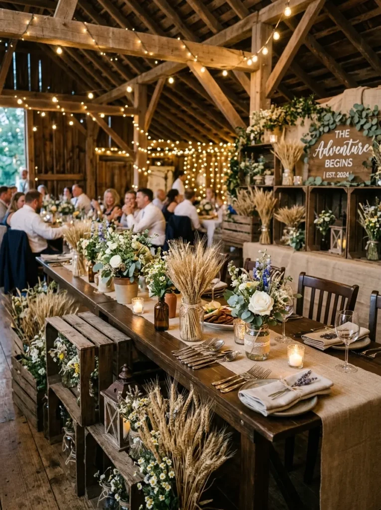Wooden table decorated with wheat, linen fabrics, and soft floral arrangements