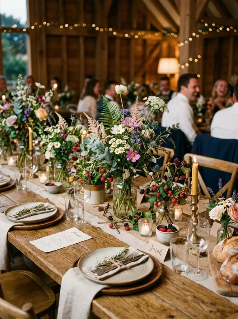 Rustic table decorated with wildflower centerpieces, berries, greenery, and wooden textures