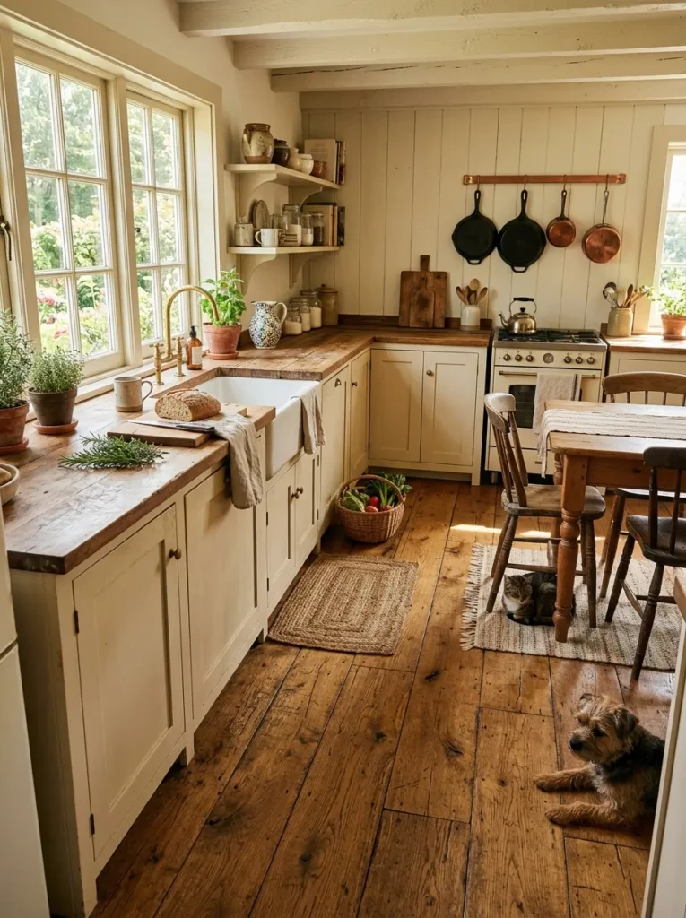 Small kitchen with rustic wood flooring and warm sunlight.
