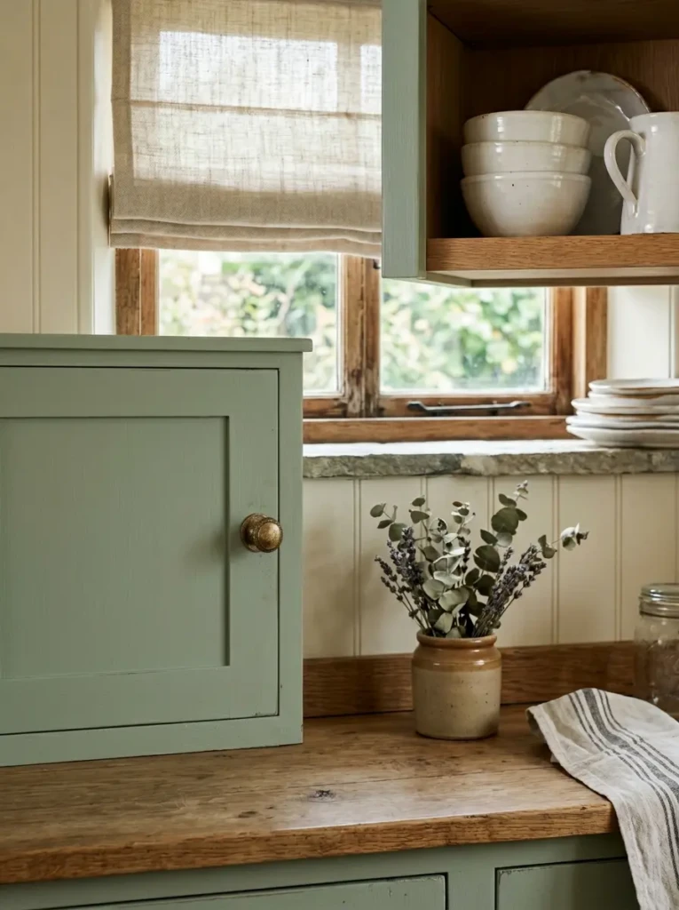 Close-up of sage green cabinet doors with brass knobs, ceramic dishes, and linen Roman shades.