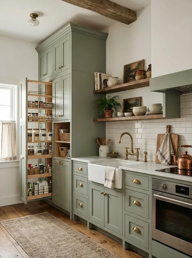 Muted sage shaker cabinets with antique brass pulls and ceiling-height storage in a beautifully organized small kitchen.