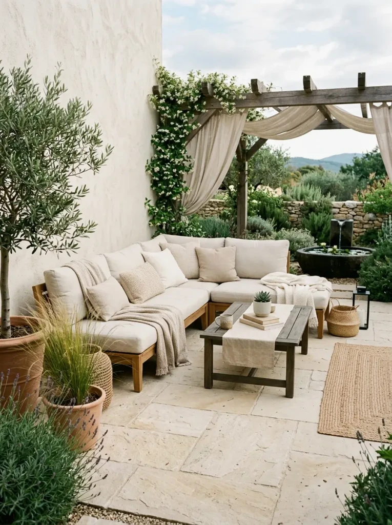 Cream sandstone pavers paired with linen cushions and simple decor for a serene patio space