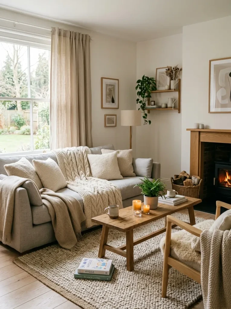 Scandinavian living room styled with boucle cushions, wool throws, knitted blankets, and layered neutral textures.