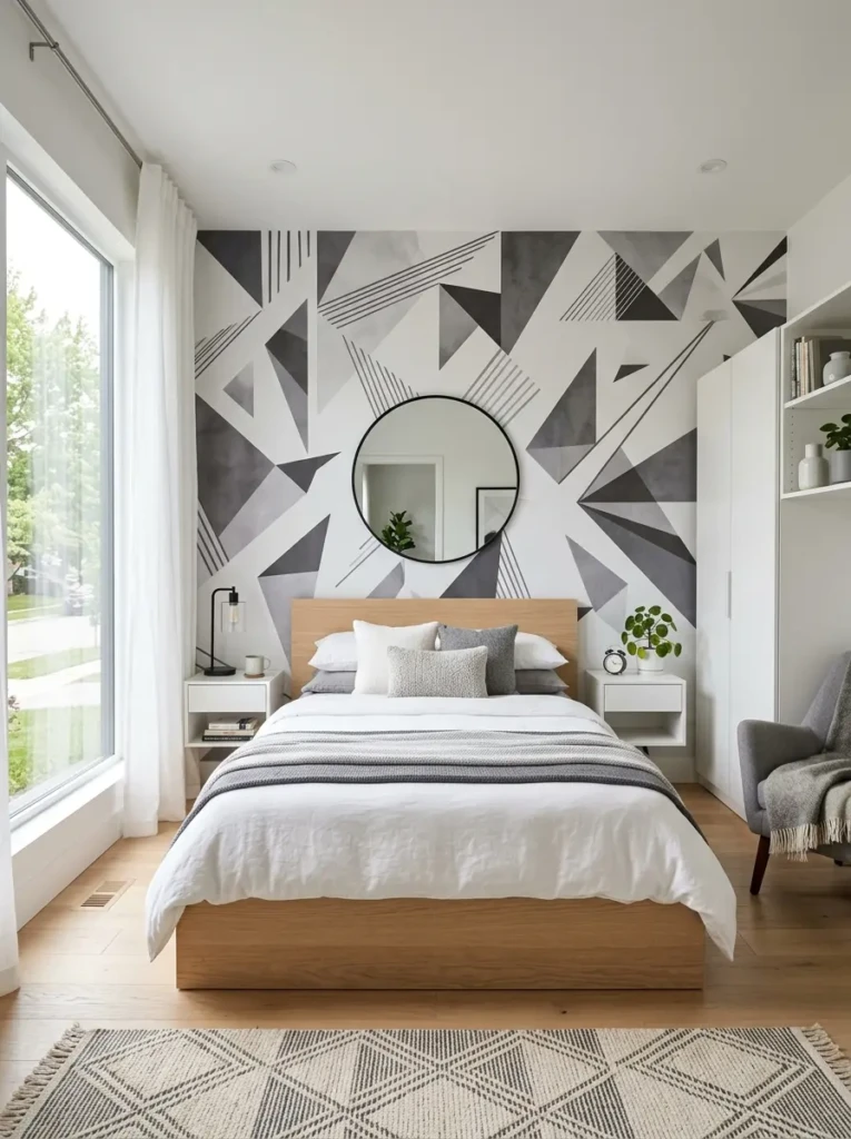 Bright Scandinavian-style bedroom with geometric wallpaper and sleek furniture