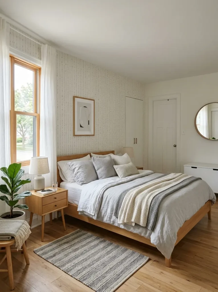 A bright and cozy Scandinavian-style bedroom with simple wallpaper patterns, natural wood, and soft neutral colors.