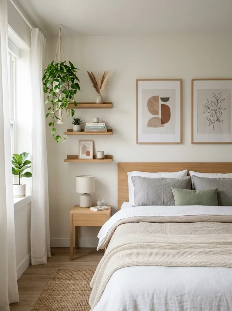A Scandinavian-inspired small bedroom with floating shelves, neutral bedding, and hanging plants.