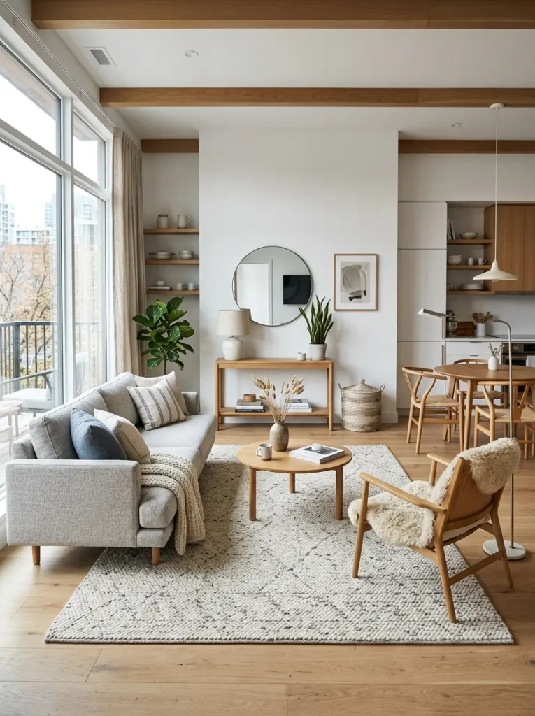 Open-plan Scandinavian living room with defined seating area, rug zoning, low sofa, and bright daylight.