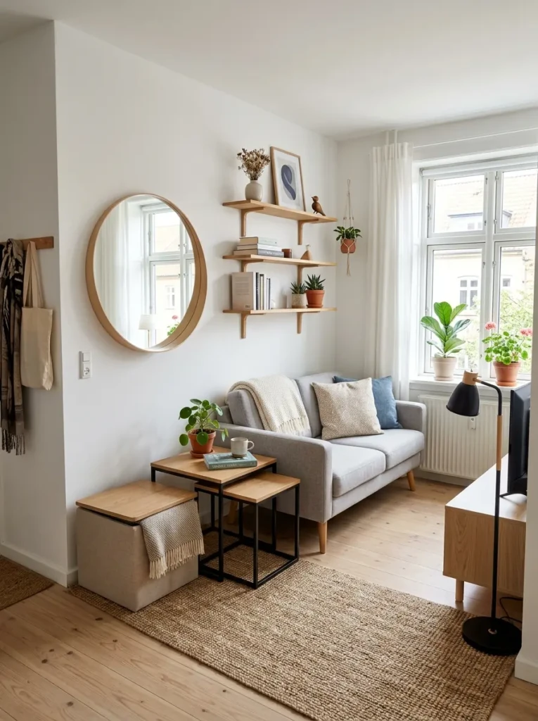 Compact Scandinavian apartment living room with nesting tables, floating shelves, mirror, and bright white styling.