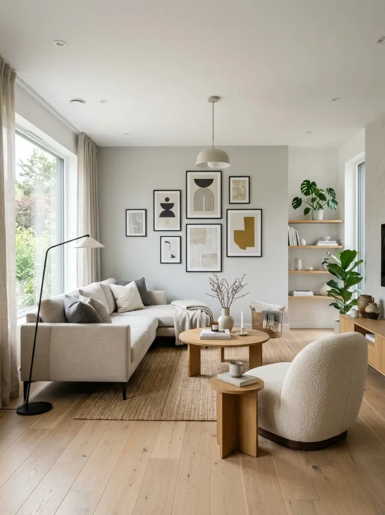 Sleek modern Scandinavian living room with neutral sofa, black floor lamp, abstract art, and oak accents.