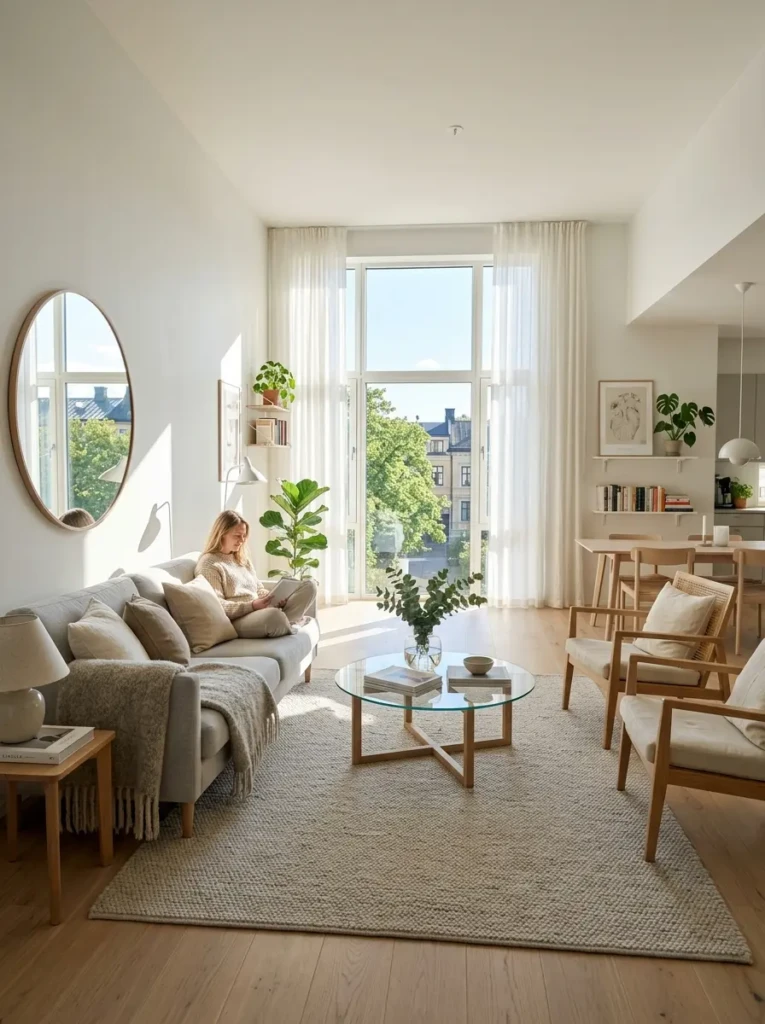 Scandinavian living room with large bright windows, sheer curtains, white walls, mirror reflections, and airy natural light.