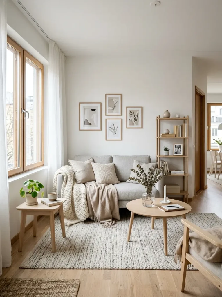 A Scandinavian-style small living room with white walls, pale oak furniture, slim sofa, and soft blankets.