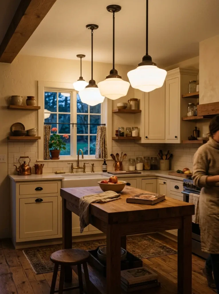 Small farmhouse kitchen with glowing schoolhouse pendant lights and creamy cabinets in a cozy evening setting.
