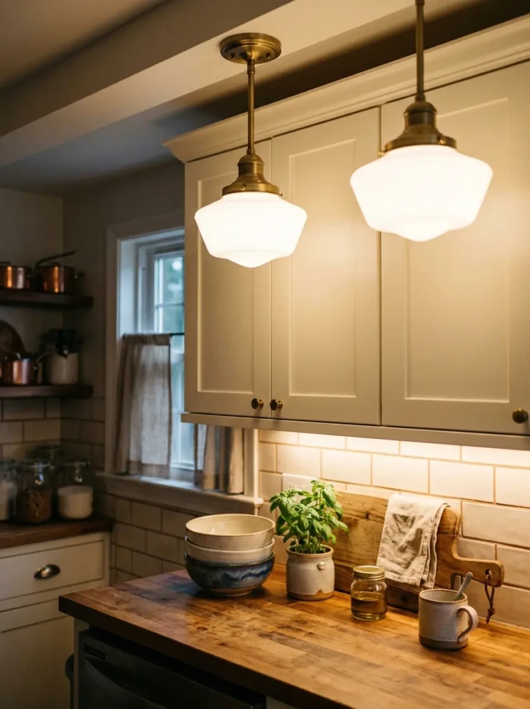 Vintage-style schoolhouse pendant lights and under-cabinet glow in a compact farmhouse kitchen.
