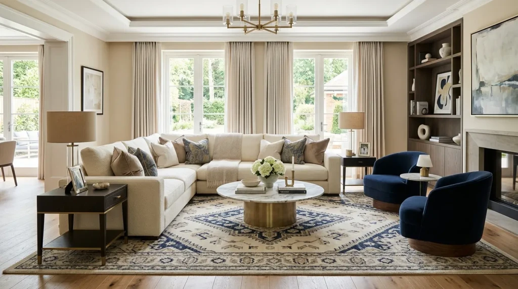 elegant sectional living room layout with cream sofa, patterned rug, marble coffee table, and symmetrical furniture arrangement