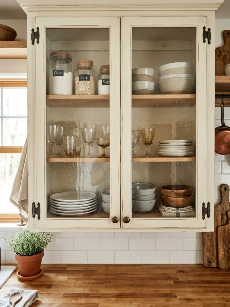 Seeded glass cabinet doors with neatly arranged neutral serving ware, jars, and antique glasses.