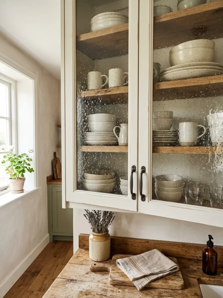 Seeded glass cabinet doors with neutral dishware create bright vintage charm in a narrow farmhouse galley kitchen.