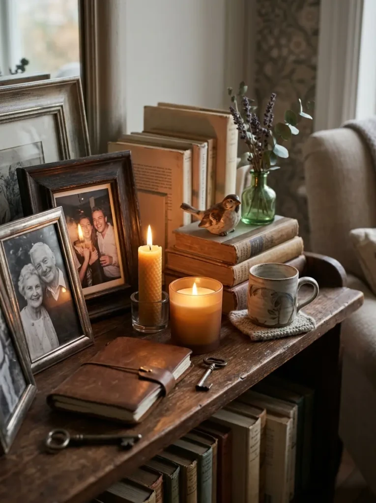 Sentimental keepsakes and candlelight styled together on a floating shelf for an intimate cozy look.