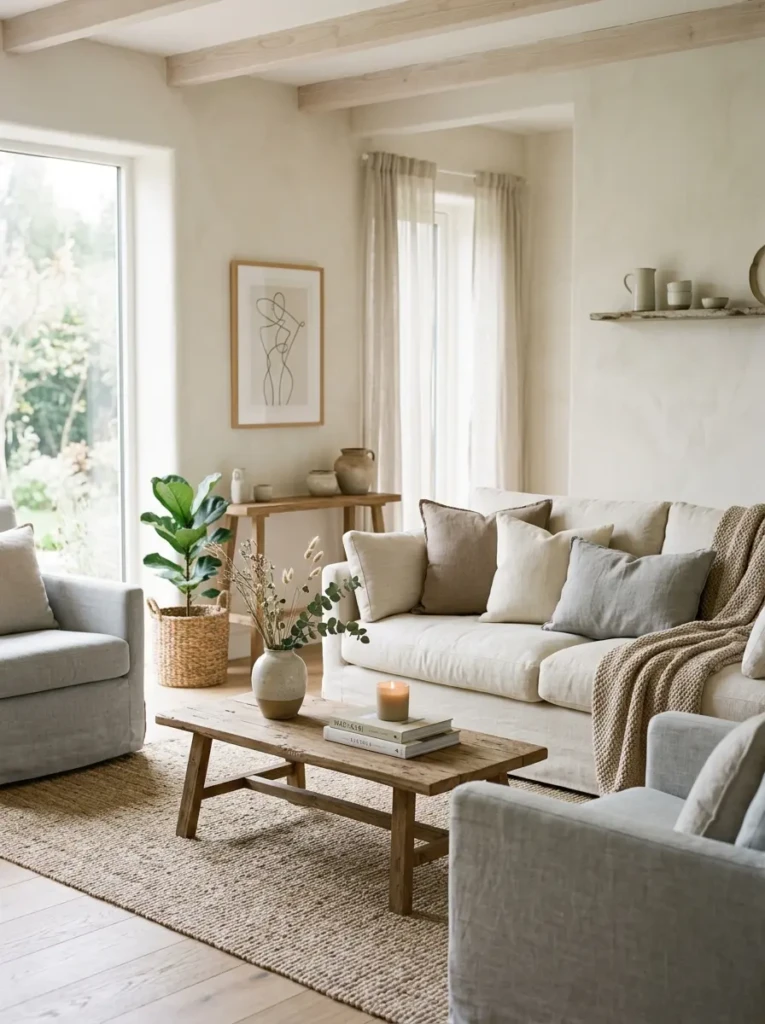 Calm interior with layered shades of cream, ivory, taupe, and grey enhanced by natural textures and soft lighting