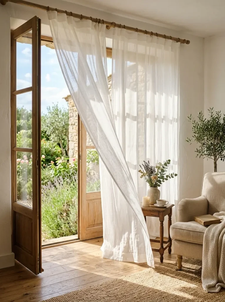 Light linen curtains flowing with sunlight in a cozy cottage interior