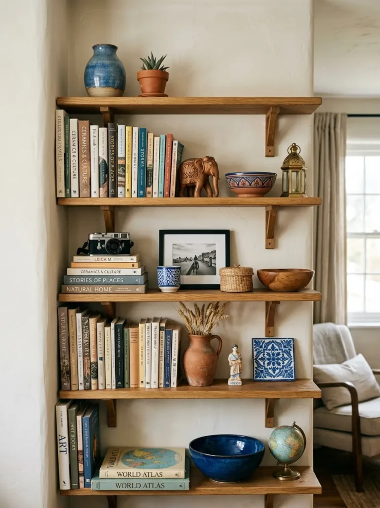 Balanced arrangement of travel decor, books, and ceramics in terracotta and blue tones.