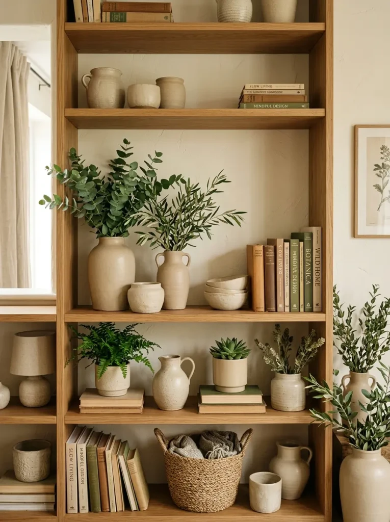 Styled shelf with repeated beige ceramics, green stems, and warm wood elements.