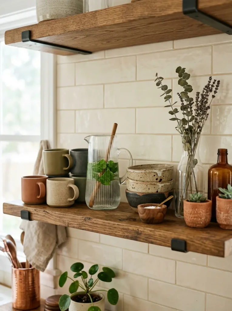 Matte mugs, glass pitchers, and stoneware bowls layered together on floating shelves in a designer kitchen look.