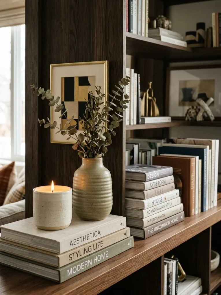 Shelf layered with artwork, stacked books, candle, and decorative vase.