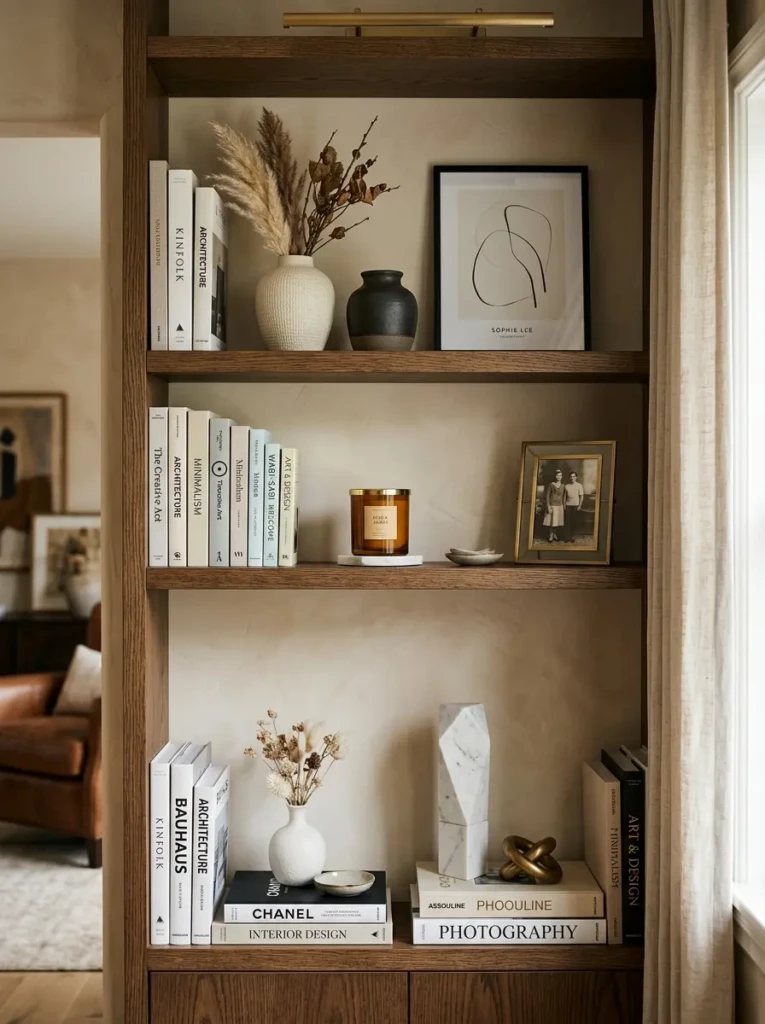 Styled bookshelf featuring books, candles, vases, framed art, and sculptural accents.