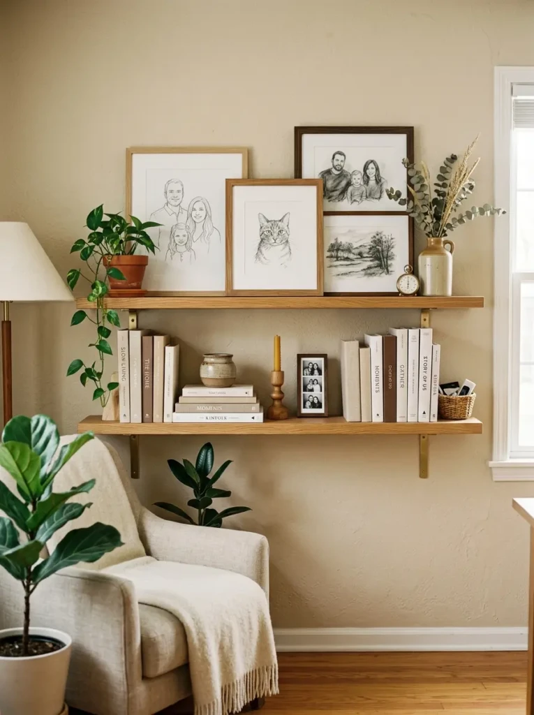 Floating shelf with framed family sketches, books, and warm beige decor accents.