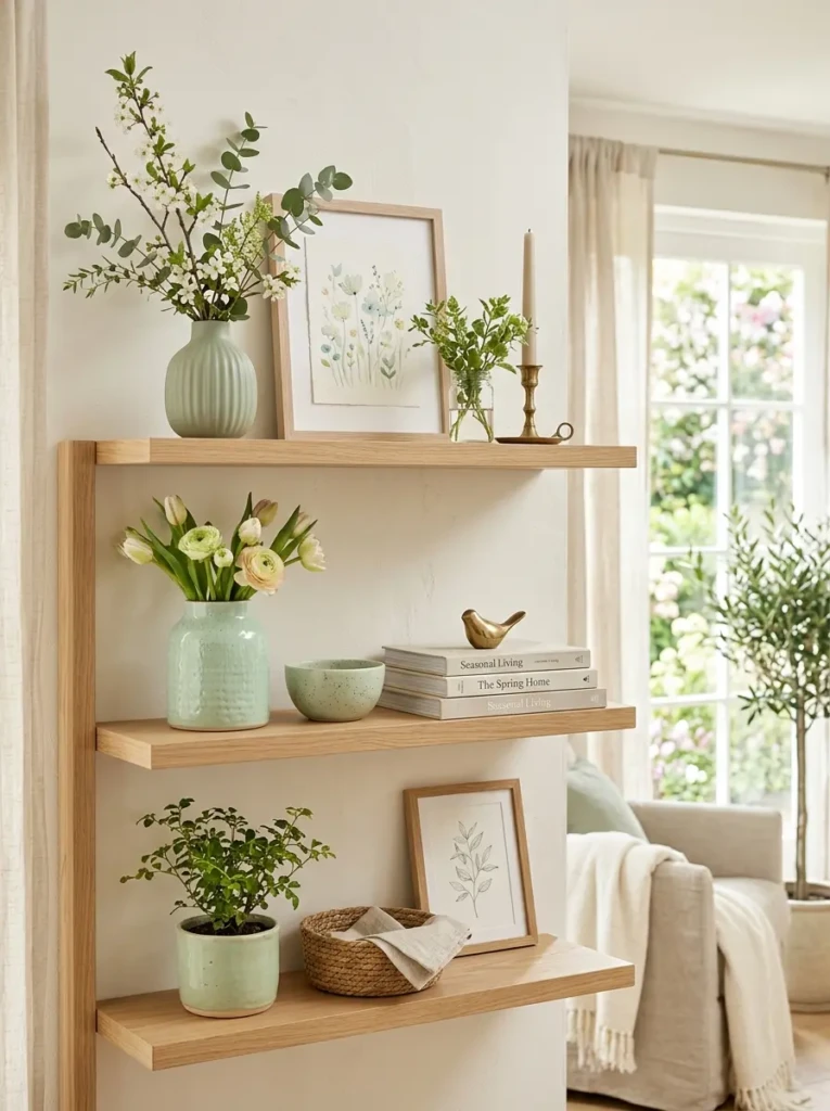 A spring shelf refresh with pale green ceramics, fresh stems, and lighter artwork in soft sunlight.