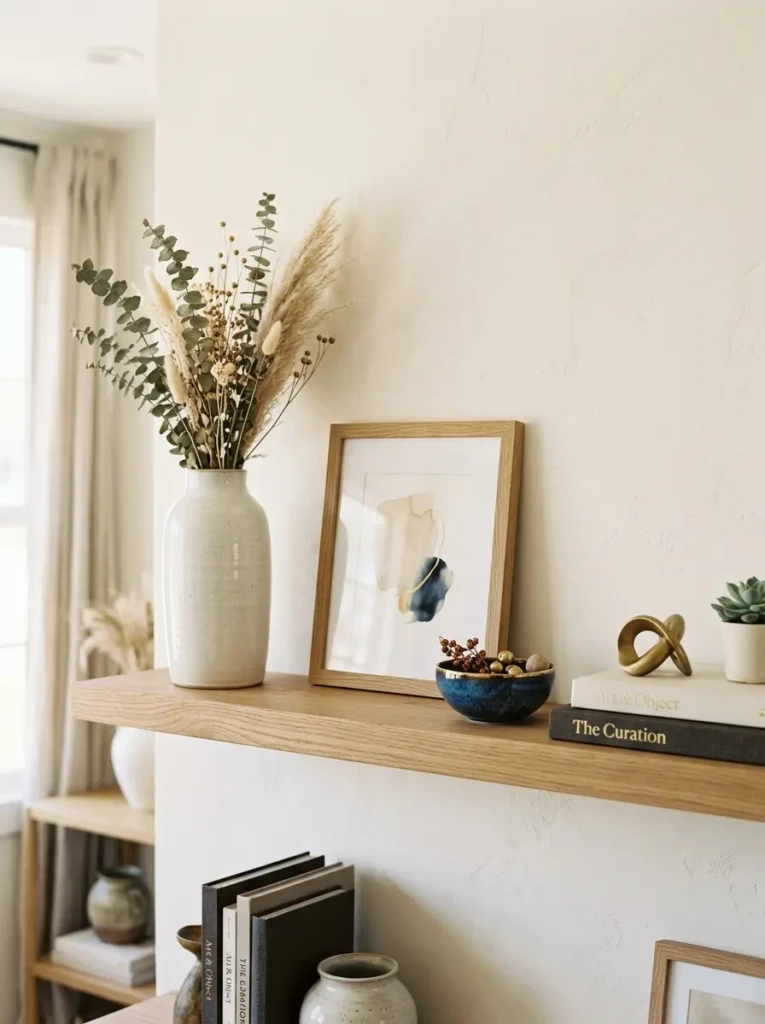 A tall vase, medium frame, and small accent bowl grouped together on a floating shelf with intentional spacing.